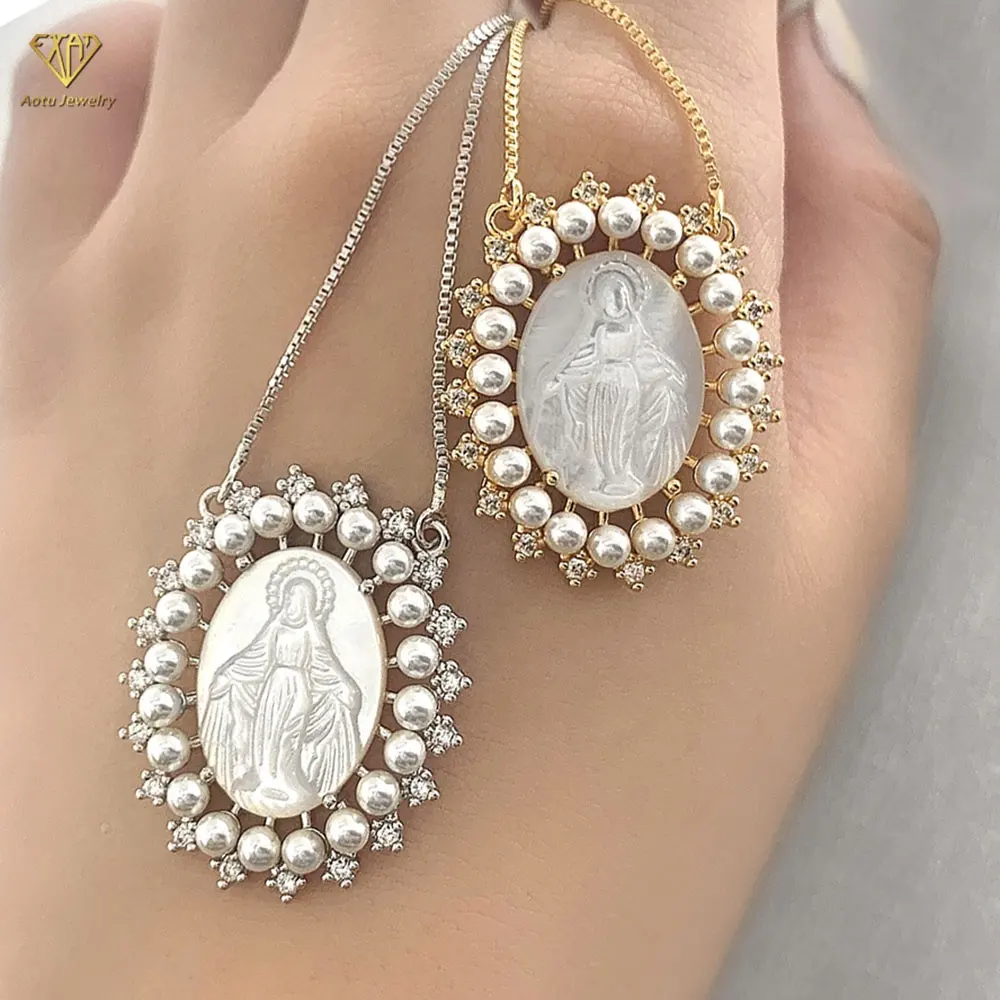Collier pendentif mère de la perle, statue de la vierge marie, bijoux religieux, mètres