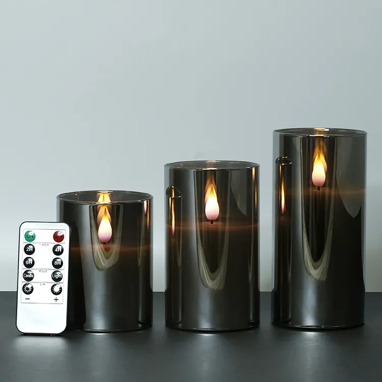 Velas electrónicas 3D Luz de llama real con batería control remoto vidrio gris vela LED sin llama