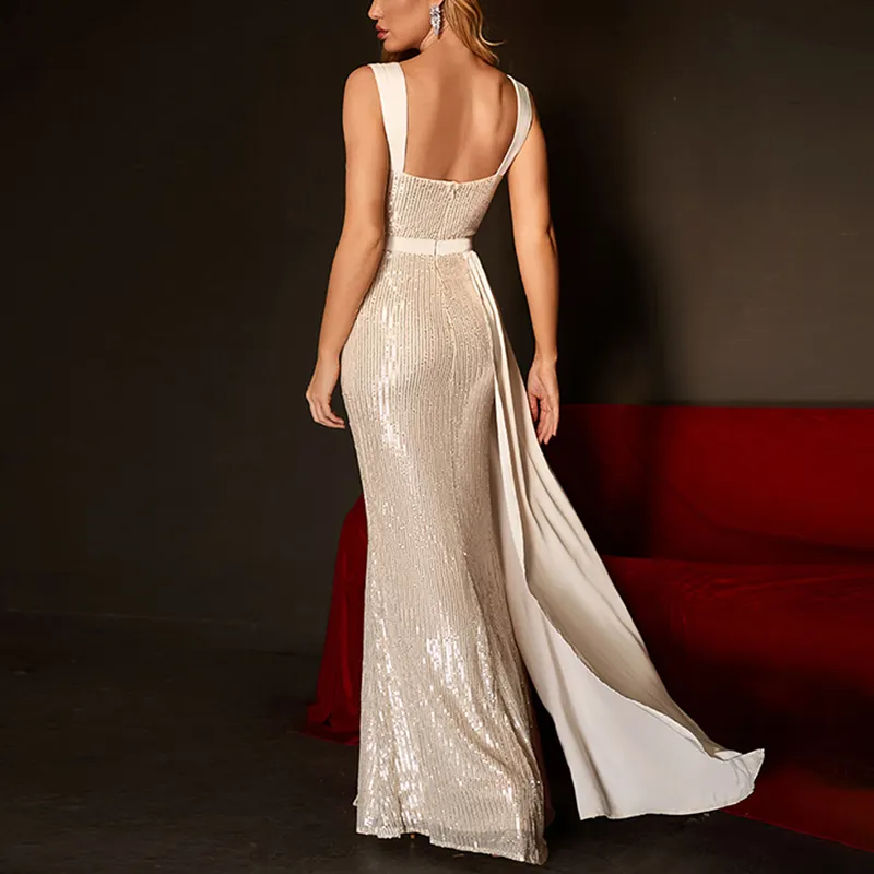 Women's Halter V-neck Slim Wrap hip Dress Sequins Big Swing Split Long Prom Dress Sexy Ladies Evening Dress