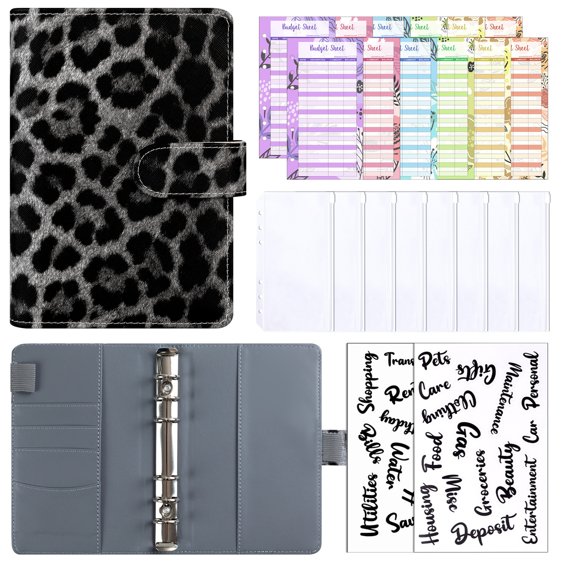 Leopard print gray cover, 12 sheets, receipt pocket, 8 stickers