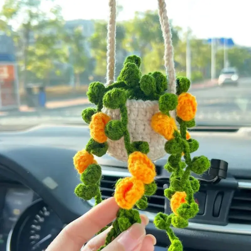 Boho Crochet Car Plant Pendurado Crochet Daisy Plant Acessórios do carro Mão-tecido Car Hanging Basket Plant Lover Gift