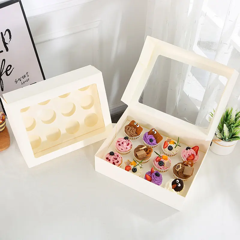 Toptan özel baskılı Logo yüksek kaliteli 4 6 12 delikli kek kutusu ambalaj gıda sınıfı pasta kutuları Muffin Cupcake kutuları