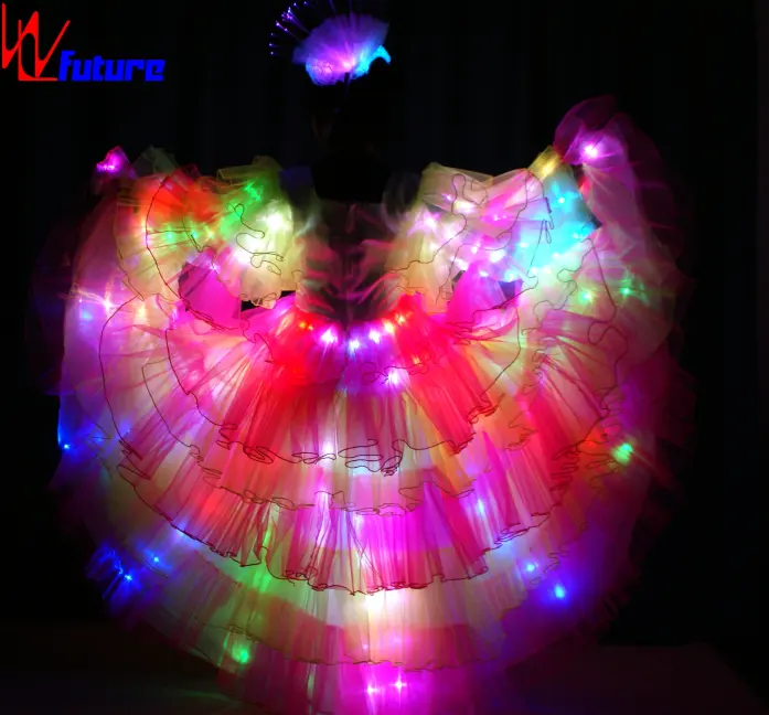 Linda flor desfile espanhol LED dança vestido, LED carnaval trajes, rave traje ballroom dançando longo natal vestido
