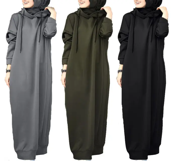 New Long Style Winter Solid 1 piece Hooded Coat Kaftan Muslim Women Hoodies Abaya for Fall