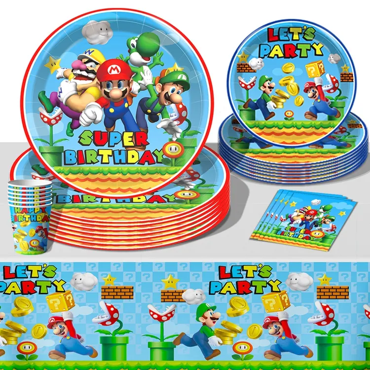 Fournitures de fête d'anniversaire Super Mario Vaisselle de dessin animé Inclure des assiettes Serviettes Nappe pour garçons Filles Mario Party Decors X6133