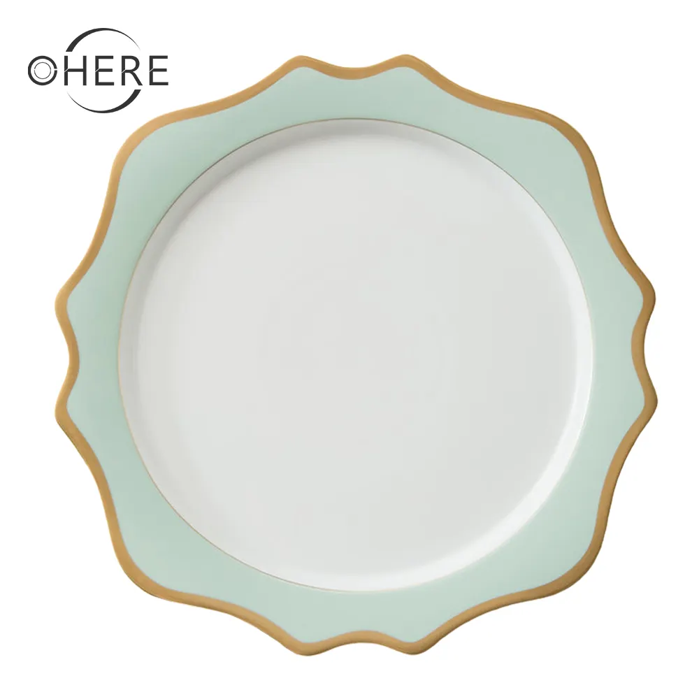 Conjuntos de jantar de porcelana, de hortelã, verde, girassol, aro dourado, aparelho de jantar de cerâmica, placa carregadora de casamento