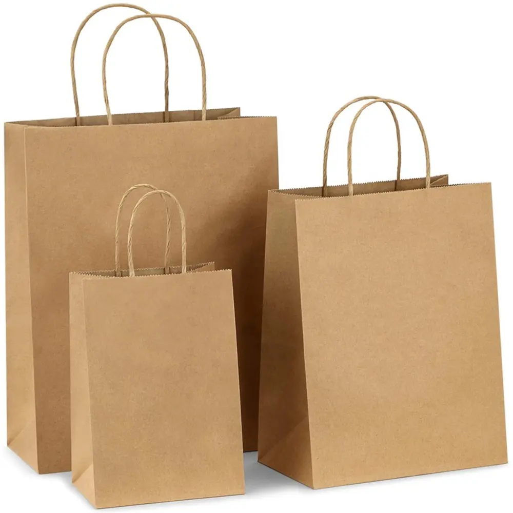 Bolsas de papel Kraft hechas a medida, bolsas de regalo de papel marrón reciclables con asas, 100%