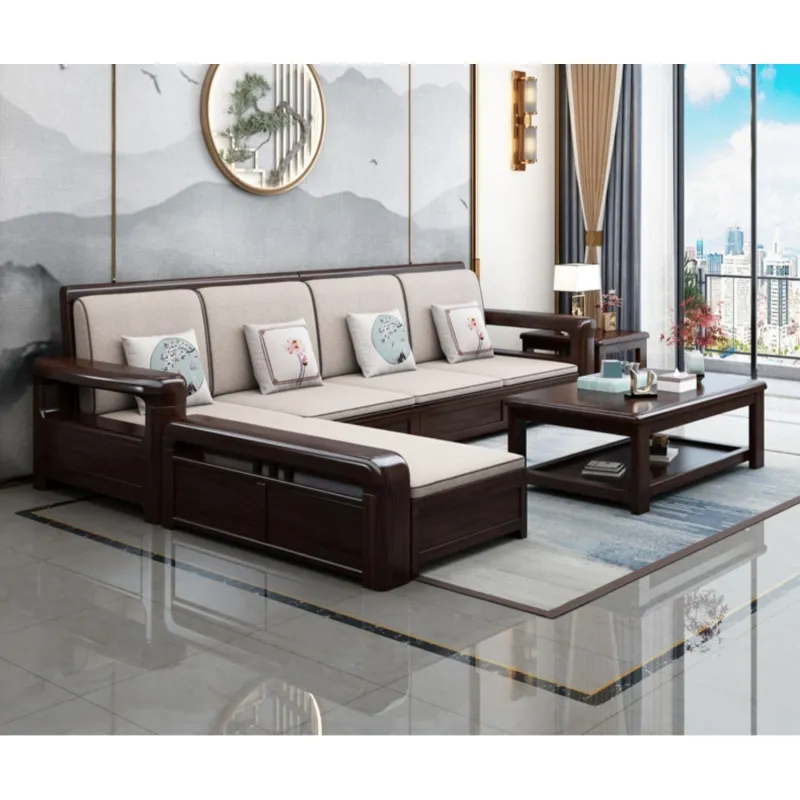 Conjunto de muebles modernos para sala de estar, sofá de madera maciza con combinación de sándalo dorado púrpura, almacenamiento para invierno y verano