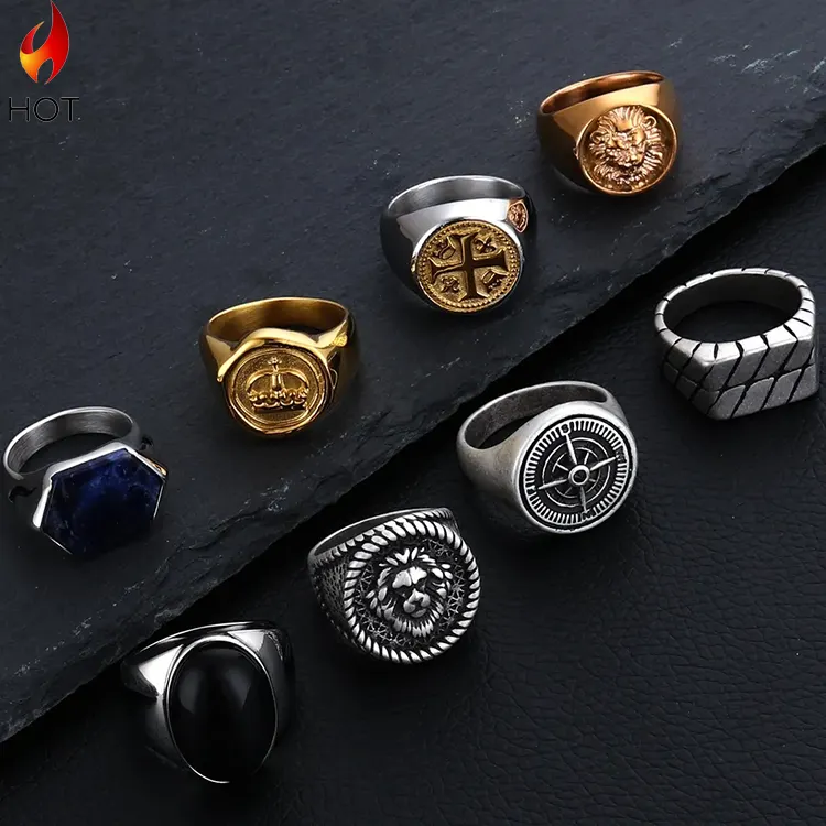 Moda Jóias Atacado Custom Vintage Square Round Design Gravado 18K Banhado a Ouro Aço Inoxidável Finger Signet Ring For Men