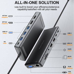 Usb C集线器15合1集线器5/10gbps多适配器RJ45 PD SD/TF音频VGA DP双显示器4K @ 30hz单4K @ 60hz Usb扩展坞 - Product Image 2
