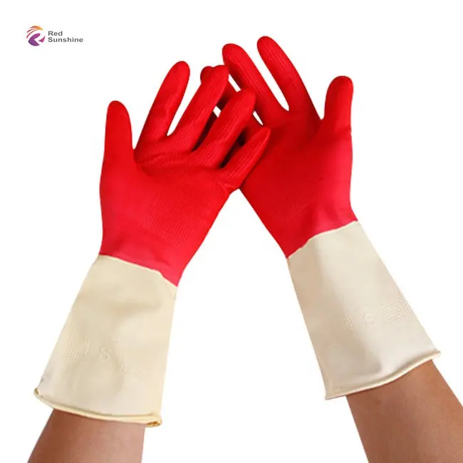 Alta calidad dos colores lavado de platos limpieza cocina sumergido látex de goma guantes para el hogar