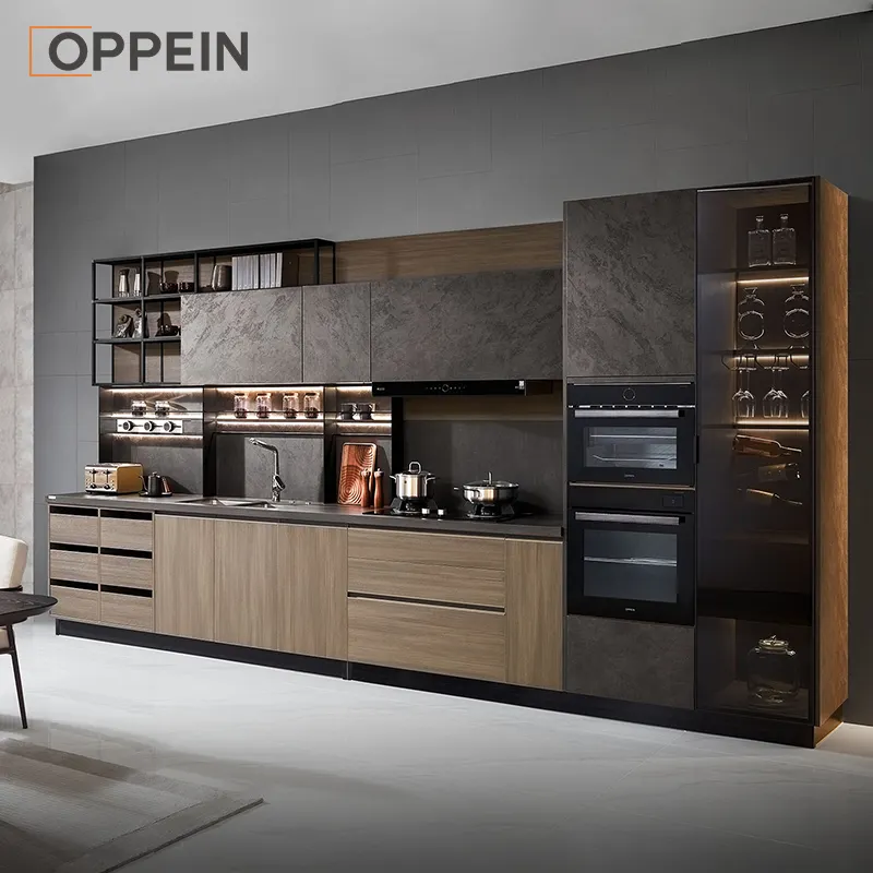 Oppein кухонные шкафы из массива дерева роскошный дизайн Пепельный деревянный кухонный шкаф деревянные кухонные шкафы светло-коричневые
