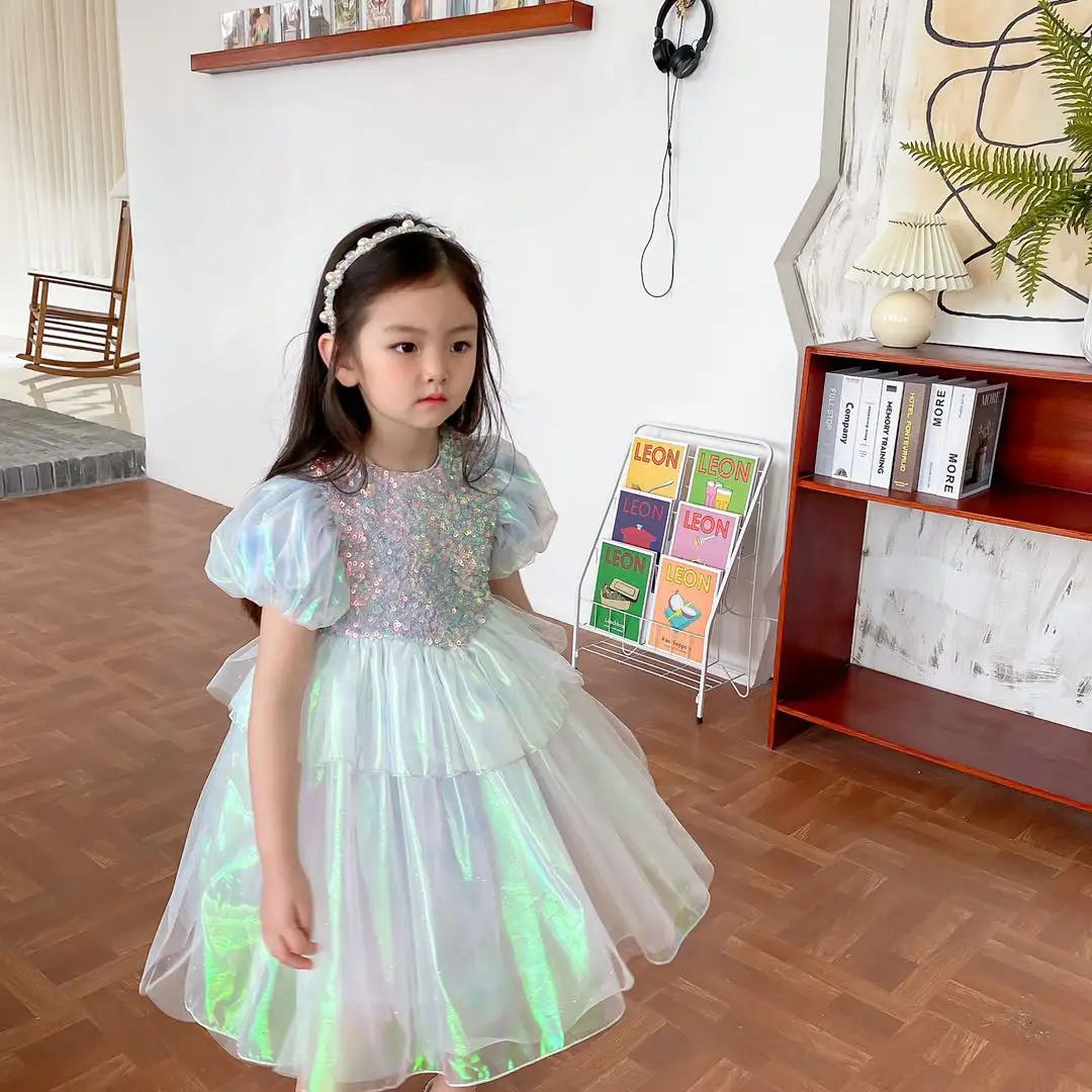 Tutú de encaje de estilo coreano para niños, disfraz de princesa pequeña Elsa, baile de graduación, vestido de secuencia ostentoso, novedad de 2021