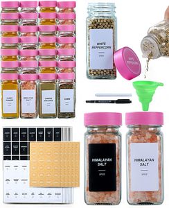 Glass <strong>Spice</strong> <strong>Jars</strong> <strong>Spice</strong> Containers with Pink Lids and Shaker Lids <strong>Spice</strong> Labels 1 Collapsible Funnel <strong>2</strong> Erasable Markers - Product Image 1
