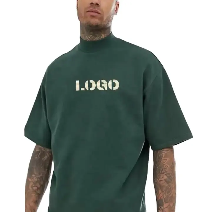 Camisetas de peso pesado con cuello de tortuga personalizadas, 100% de algodón, Camiseta holgada de gran tamaño, camisetas de cuello alto para hombres