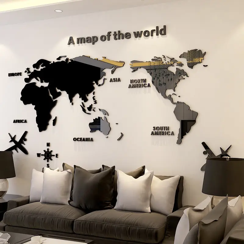 180 * 100CMゴールデンミラーアクリル世界地図ウォールステッカーホームオフィス世界地図装飾寝室用屋内装飾