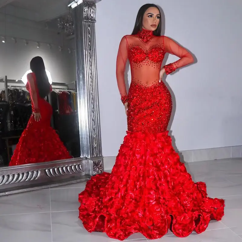 21021 Luxo Diamantes Red Rose Sexy Ver Através Longos Vestidos de Noite Elegante Mulher Night Prom Party Ball Gown