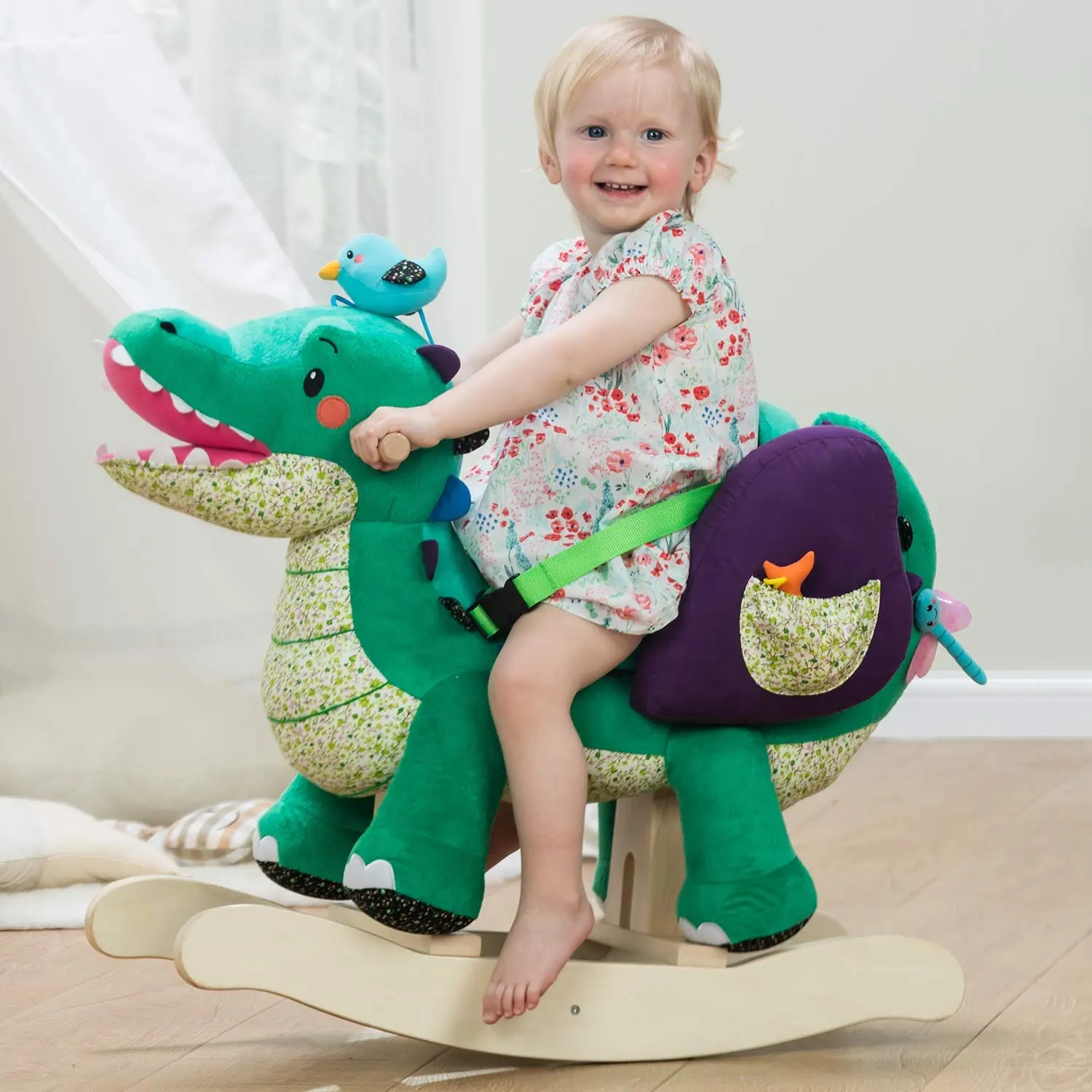 Cavalo de madeira infantil de 1-3 anos, animais de pelúcia balançar crocodilo verde para crianças
