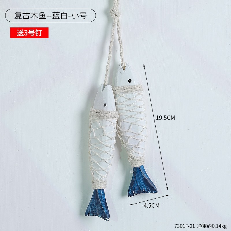 7301F-03 Poisson en bois rétro - Bleu et blanc - Petit - 9,97