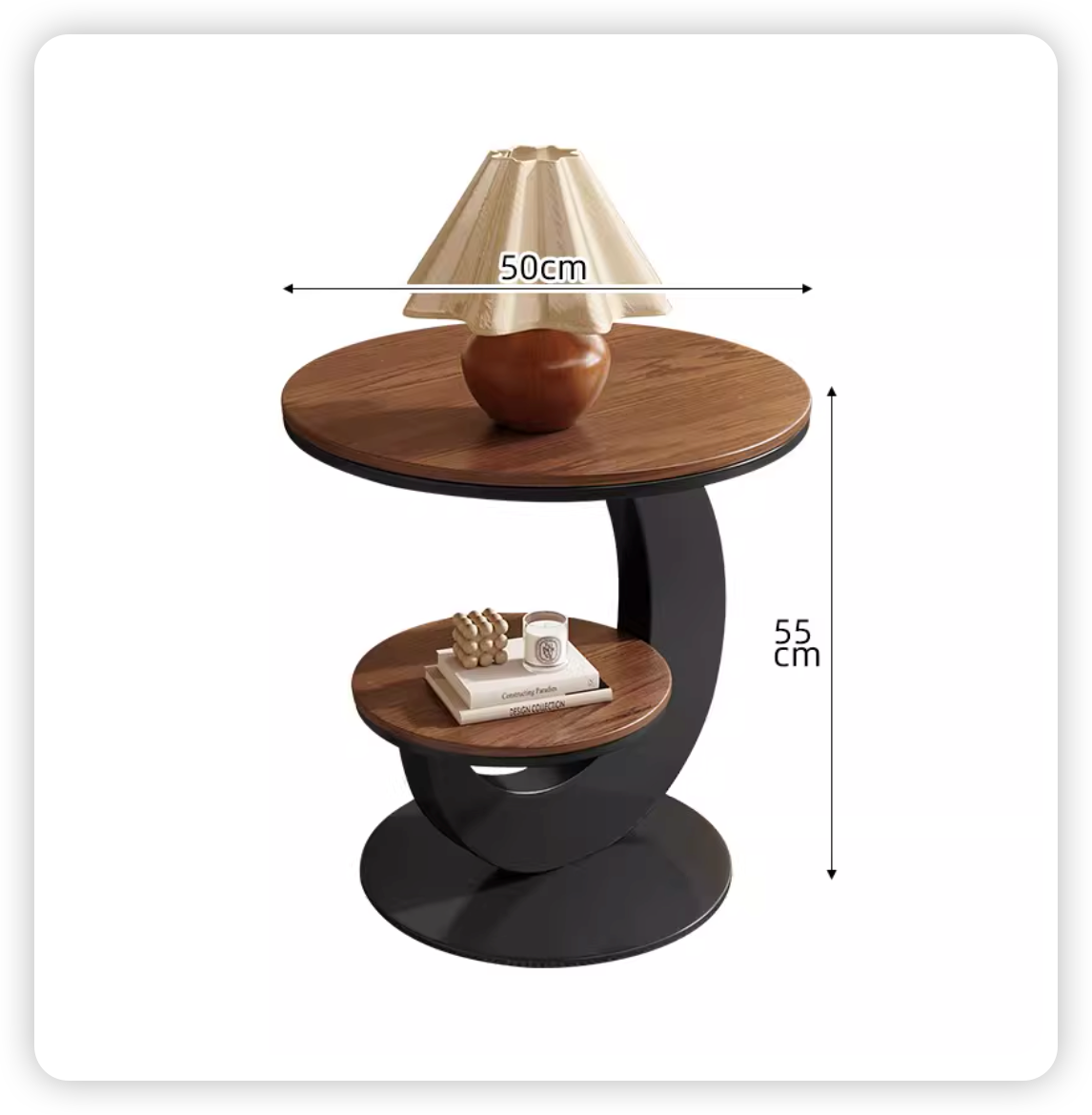Base noire + plateau en noyer - Table d'appoint simple 50 cm