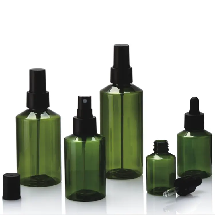 Schlussverkauf durchsichtige und grüne Plastikflaschen mit Tropffisch Ätherisches Öl und Kosmetik Hautpflege Verpackungsbehälter