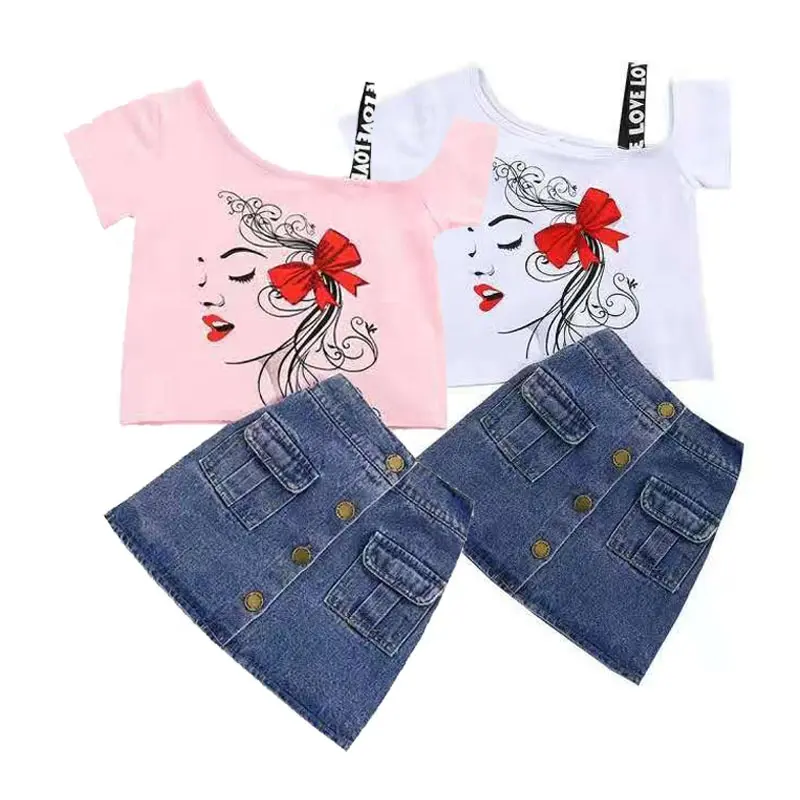 Conjunto de roupas infantis, conjuntos de 2 peças para meninas, camiseta, jeans, saia, moda verão 2022
