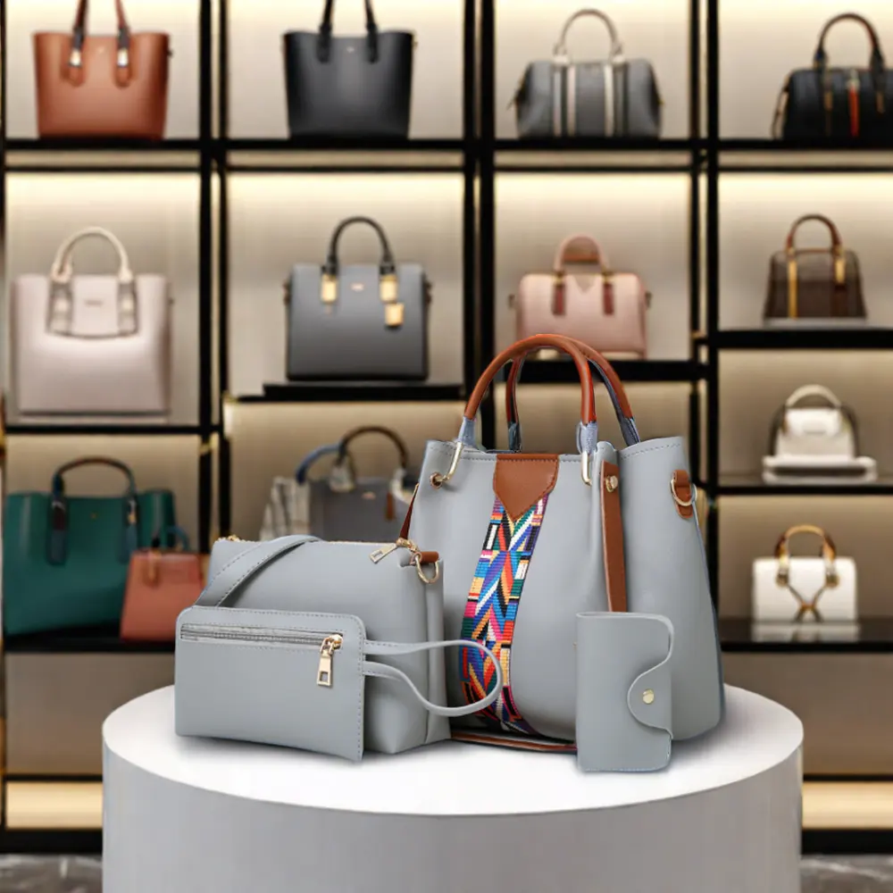 Newdies 2024 Women's Fashion PU Leather Tote Handbag Set 4-Piece Purse Wallets with Zip Closure Summer OEM Handbags 4 in 1
