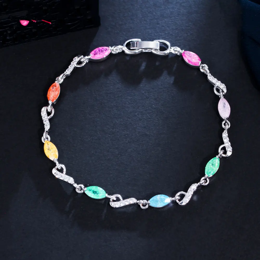 Glittering Candy Color Cubic Zirconia Silver Plated Chain Link Marquise Cut Bracelets for Women Elegant Boho Jewelry Accessories