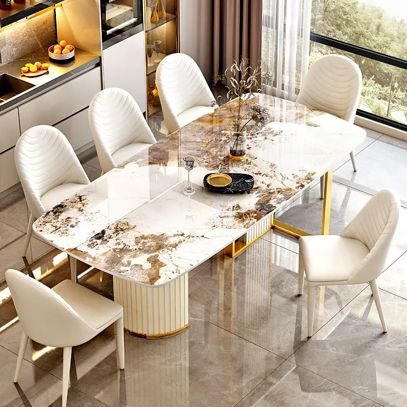 Juego de 6 sillas y mesa de comedor blanca moderna de alta calidad, muebles de piedra sinterizada, mesa de comedor de cocina