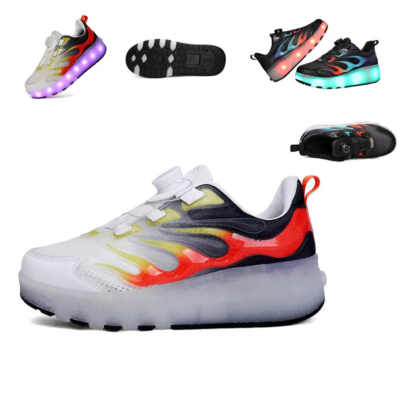 Wholesale High Quality 4 Colors Adjustable Straight Line Adults Girls Roller Shoes With Retractable Wheels Led Light Skate Shoes