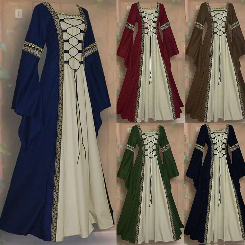 النساء القرون الوسطى الطابق طول اللباس تأثيري ازياء كرنفال العصور الوسطى المرحلة الأداء القوطية المحكمة فيكتوريا فساتين