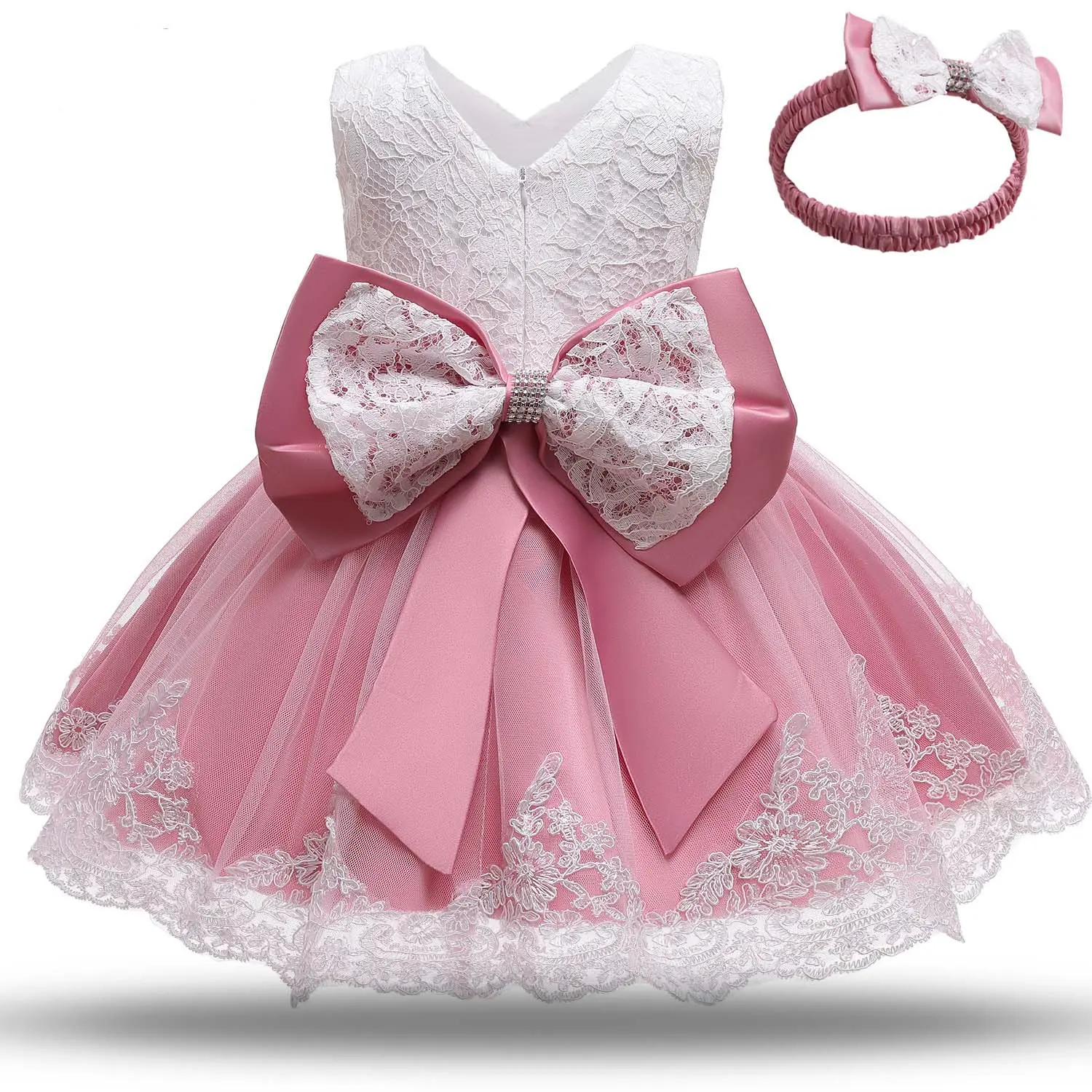 Cute Kids Lace Dress Flower Girl abiti per 1 anno Baby Girl Party battesimo Dress con fascia per capelli