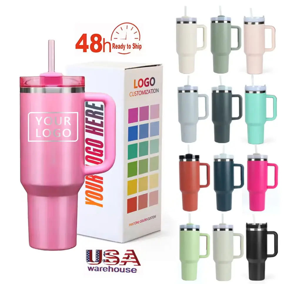 Custom Logo Travel Mug 40 oz Sublimation Blank Adventure Quencher Stainless Steel Cup 40oz Tumbler with Handle and Straw