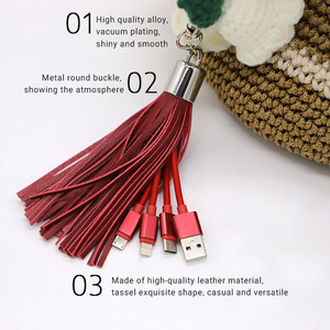 Hot Selling <strong>2</strong> <strong>in</strong> <strong>1</strong> &amp; 3 <strong>in</strong> <strong>1</strong> PU Leather Tassel Keychain with USB Charger Cable Nylon Jacket for IOS Devices and Computers - Product Image 2