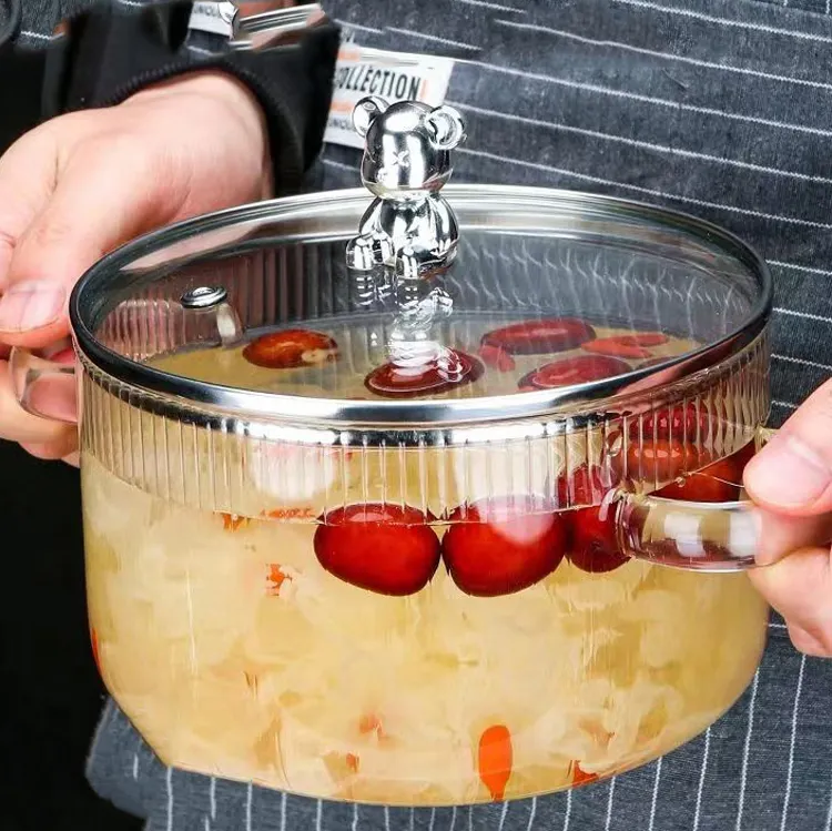 Pot de soupe résistant à la chaleur de prix usine avec le pot en verre de cuisson de cuisine de Borosilicate d'acier inoxydable de couvercle