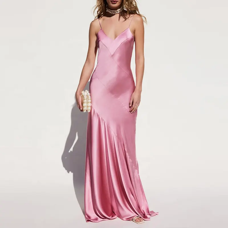 Damen Slip Silk Pink Kleid Spaghetti träger Bodycon Silhouette mit ausgestelltem Saum Boden langes Kleid aus Air Satin Seide Maxi kleid