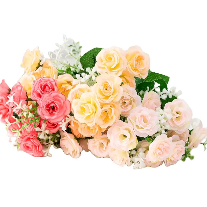 Vendita calda Bouquet di Rose artificiali fiore 5 forchette 15 bouquet di teste di fiori per la decorazione domestica di nozze