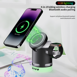 Neuankömmling Kreative Multifunktions-RGB-Licht-Sound-Lautsprecher Smartphone-Halter 15w 4 in 1 Magnetisches kabelloses Ladegerät für Telefon