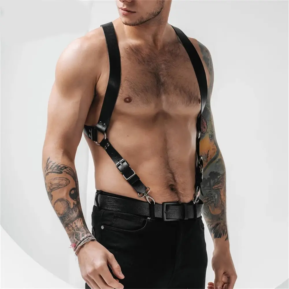 Pu cuero hombres Sexy moda negro pecho cadena cuerpo Cool tendencia Punk Rock Bondage cintura cadena cinturón Sexy suministros decorar