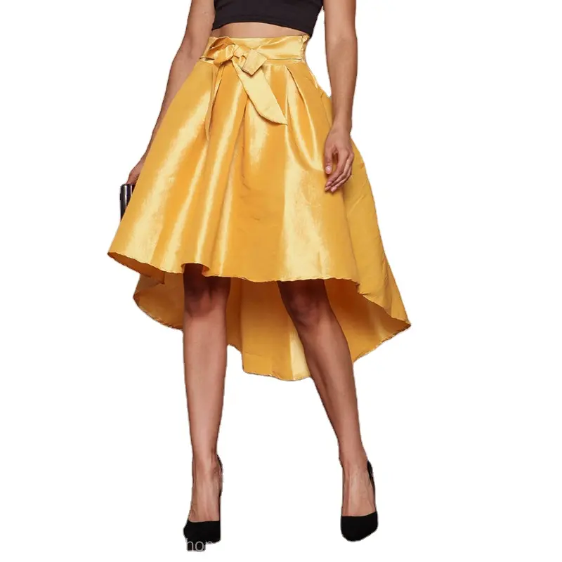 Último modelo falda de diseño de oro brillante Midi Flare falda de cuero de HSK6628