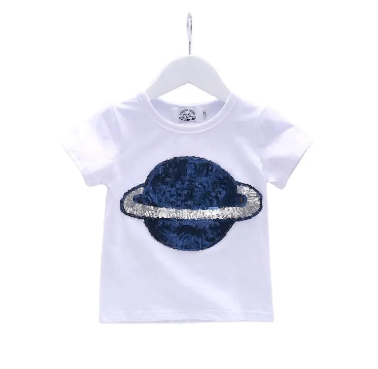 Camiseta blanca con lentejuelas de Planeta Azul Marino para niña con logotipo personalizado al por mayor