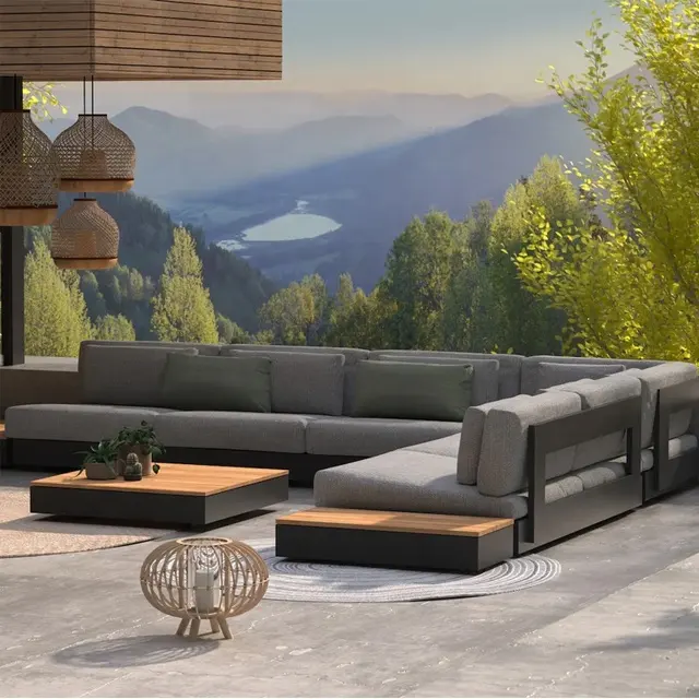 Modüler açık kanepe modern koyu gri kanepe L şekilli veranda kanepe otel dış mekan mobilyası takım modüler Metal bahçe alüminyum kanepe