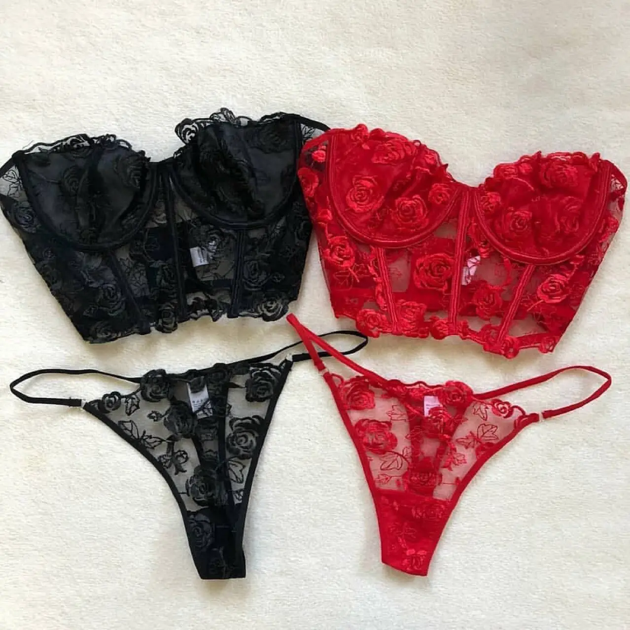 Conjunto de 2 piezas de lencería de encaje rojo para mujer, lencería de alta gama, Sexy, bordado de flores, Amazon, novedad de 2022