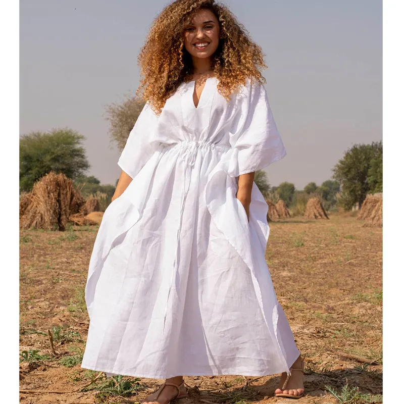 Tunique longue de plage marocaine en lin ou coton pour femmes, robes décontractées