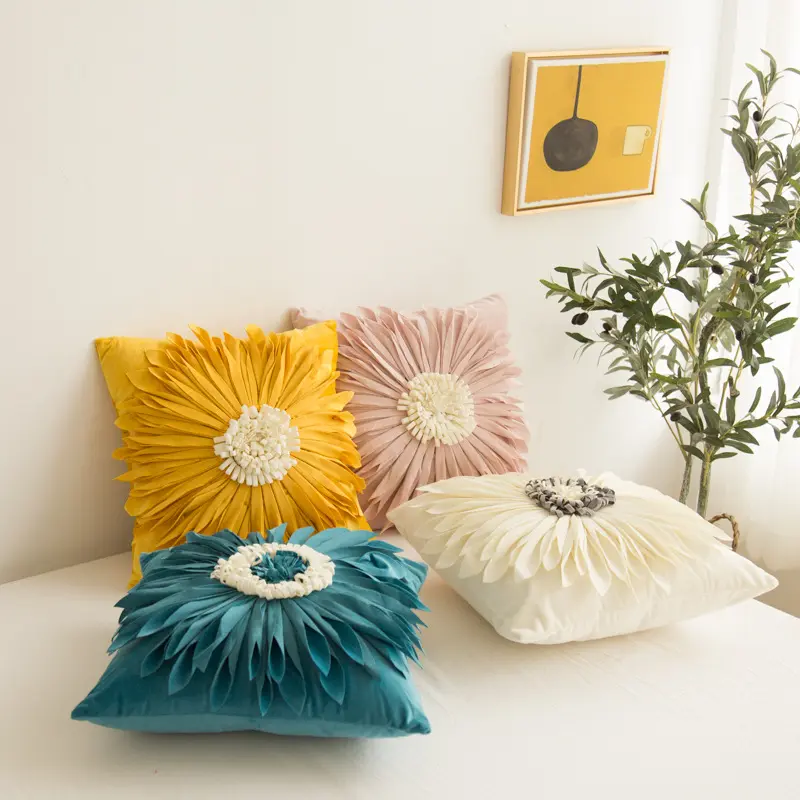 Floral 3D Sunflower Throw Pillow Hand Craft Accent Pillow Round Cushion Cover Decorative Cushion Cover