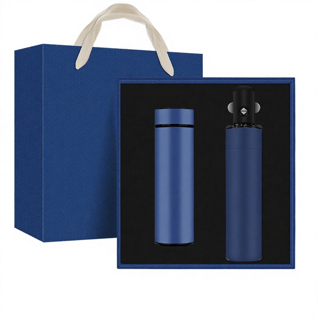 Termo y paraguas - Caja de regalo azul desplegable