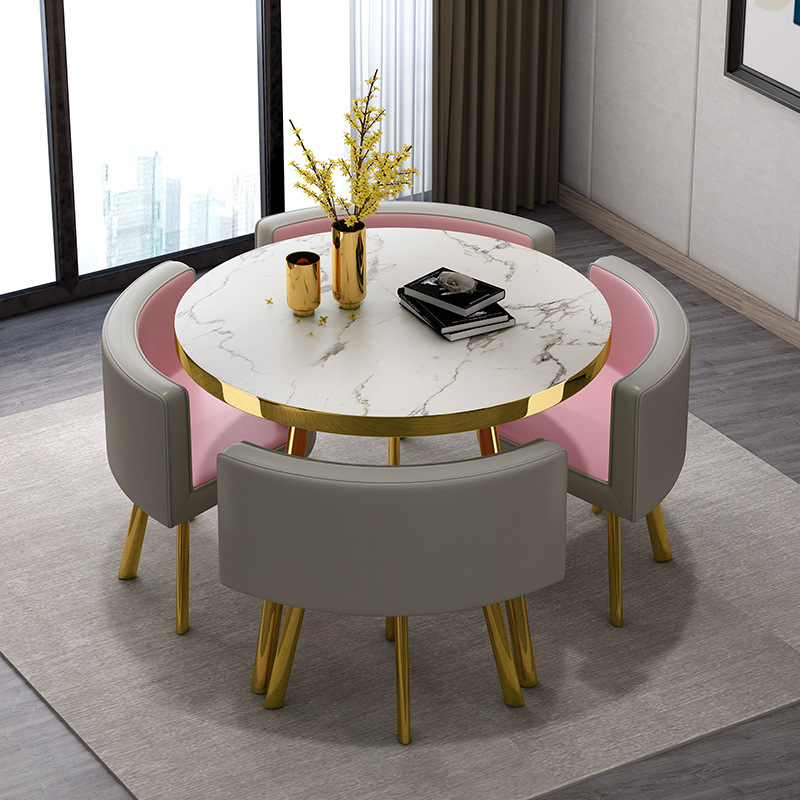 Gris + rosa 1 mesa 4 sillas + cuero gris rosa