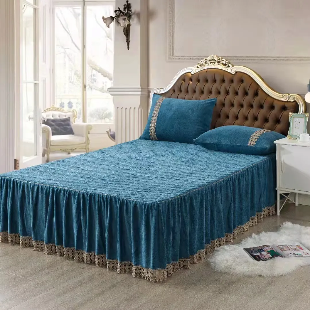 Couvre-lit épais en dentelle, jupe de lit, flanelle, flanelle, bleu, 220gsm, ensemble complet en soie et coton, super plumes