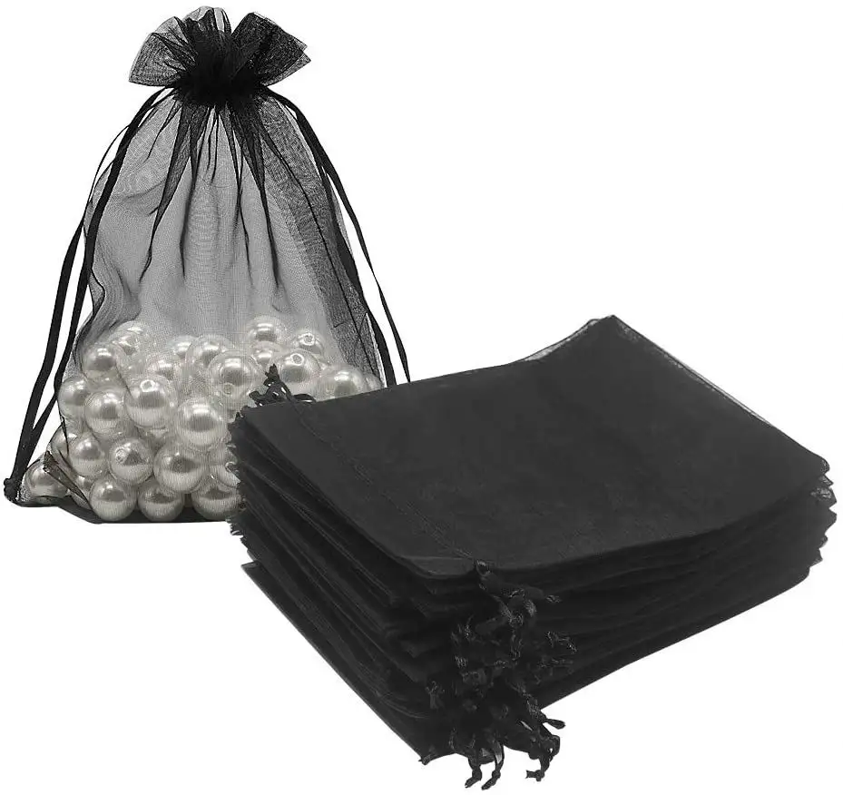 Sacchetti di Organza nera 5x7 pollici 100 pz, sacchetti di caramelle a rete sacchetti di gioielli con coulisse bustina vuota per regalo di nozze