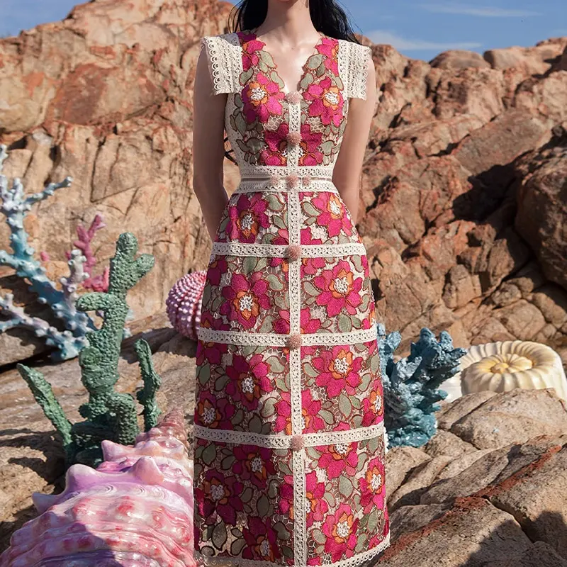 2023 yaz yeni işlemeli elbise vietnamca tay tasarımcı etek çiçek fransız tatil elbisesi